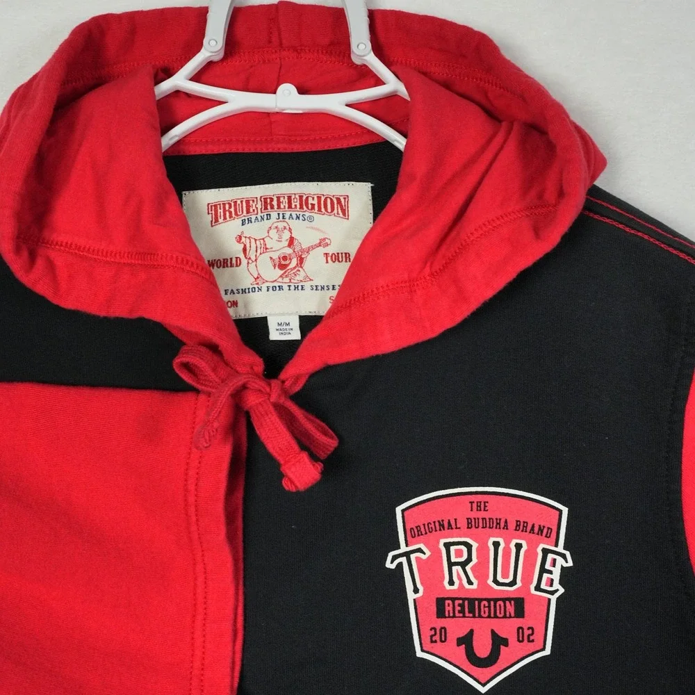 True Religion Mens Black Red Colorblock Short Sleeve Hoodie Popfly PLVR Medium